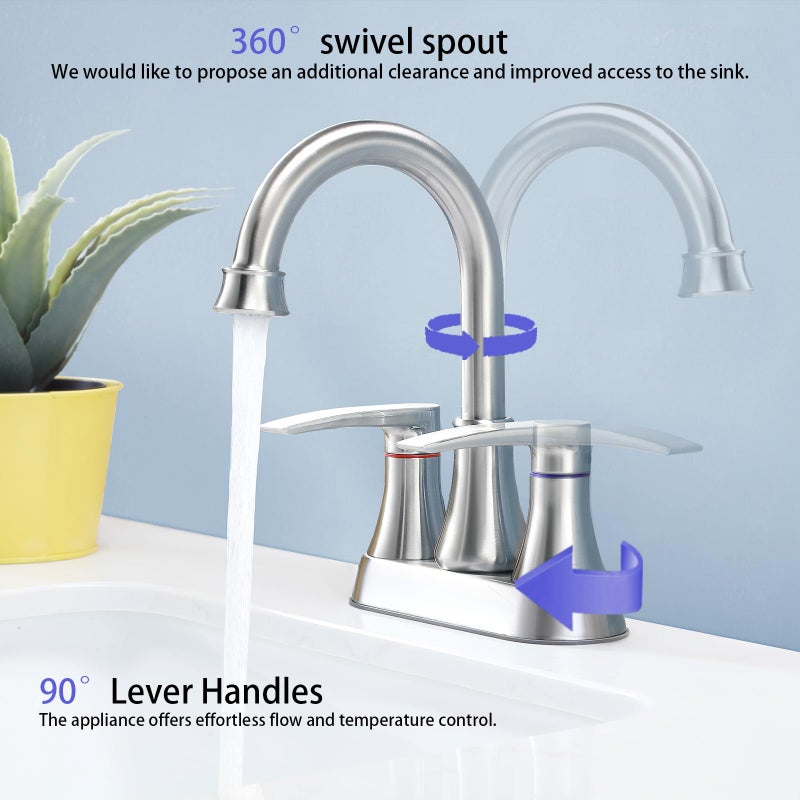 VALISY Brushed Nickel Bathroom Faucet, 2-Handle Lead-Free 360Â° Swivel High-Arc Spout 4 Inch Centerset Bath Lavatory Vanity Sink Faucets Set for Sinks with Drain & Water Hoses, VABM80008L - Image 3